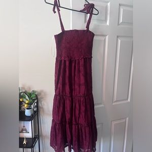 Burgundy smocked tie-strap midi dress
